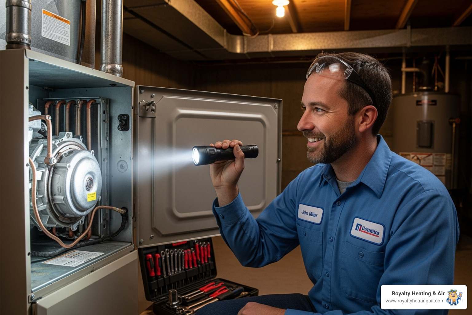 Friendly HVAC technician inspecting a furnace - furnace blower motor