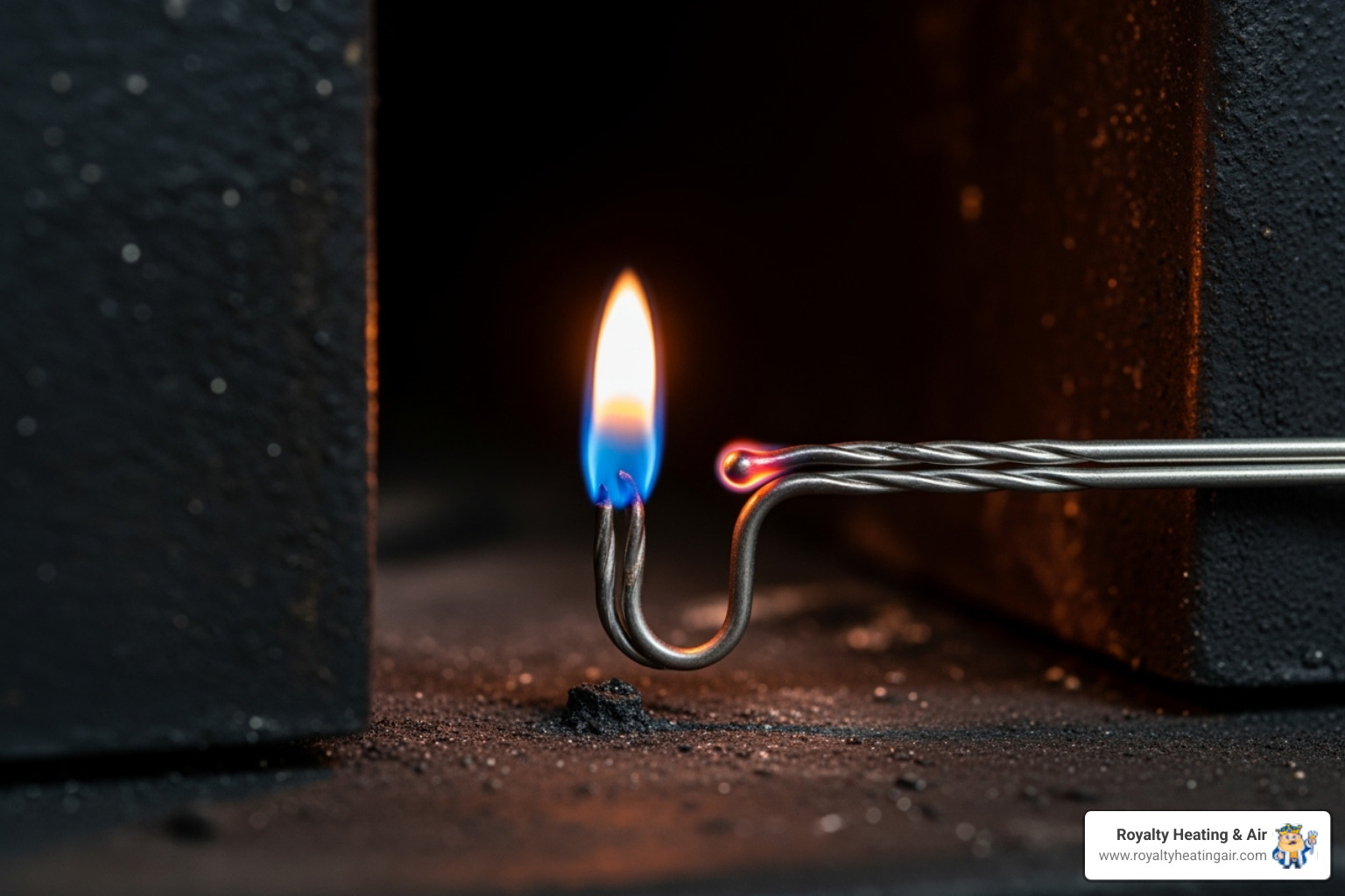 image of a blue pilot light flame next to a thermocouple - furnace blower motor