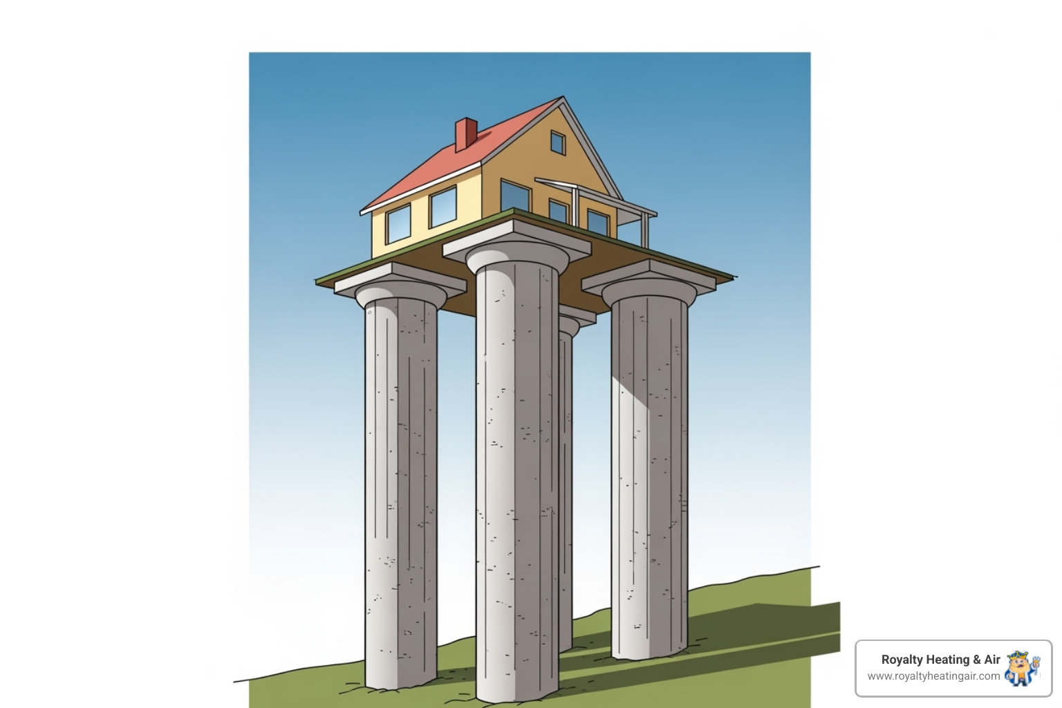 A diagram showing Ventilation, Filtration, and Humidity Control as three pillars supporting a house - healthy home air