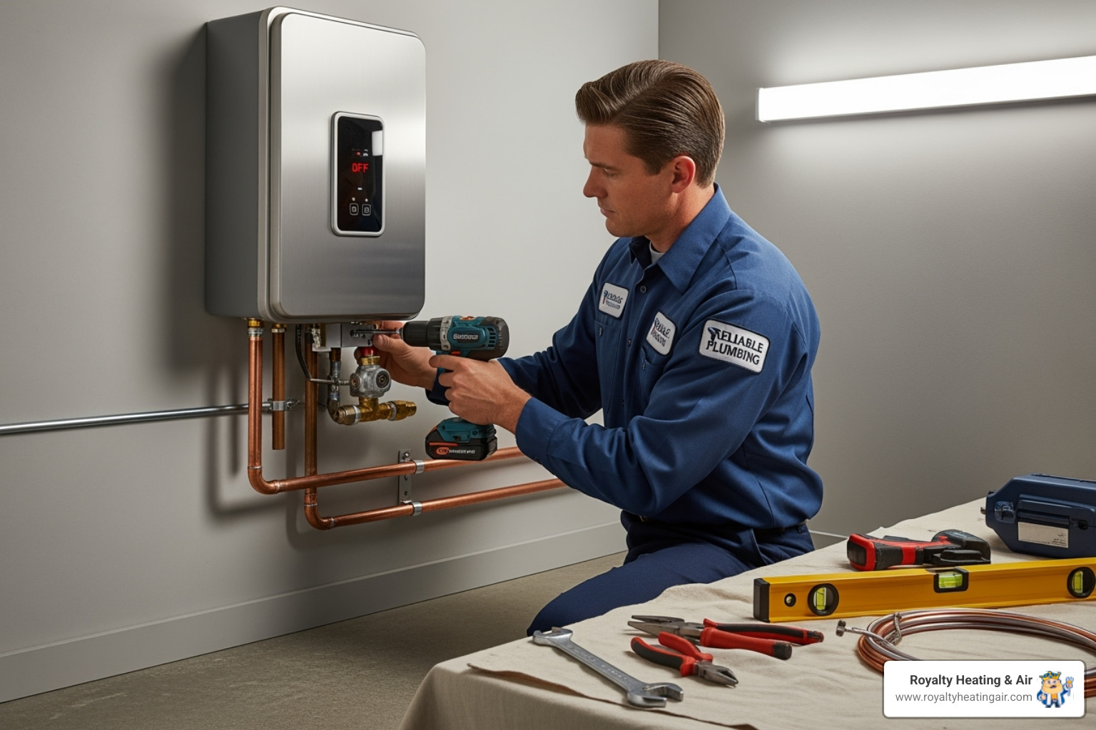 IMAGE of a uniformed technician professionally installing a new tankless water heater on a wall. - emergency water heater installation in rocklin ca