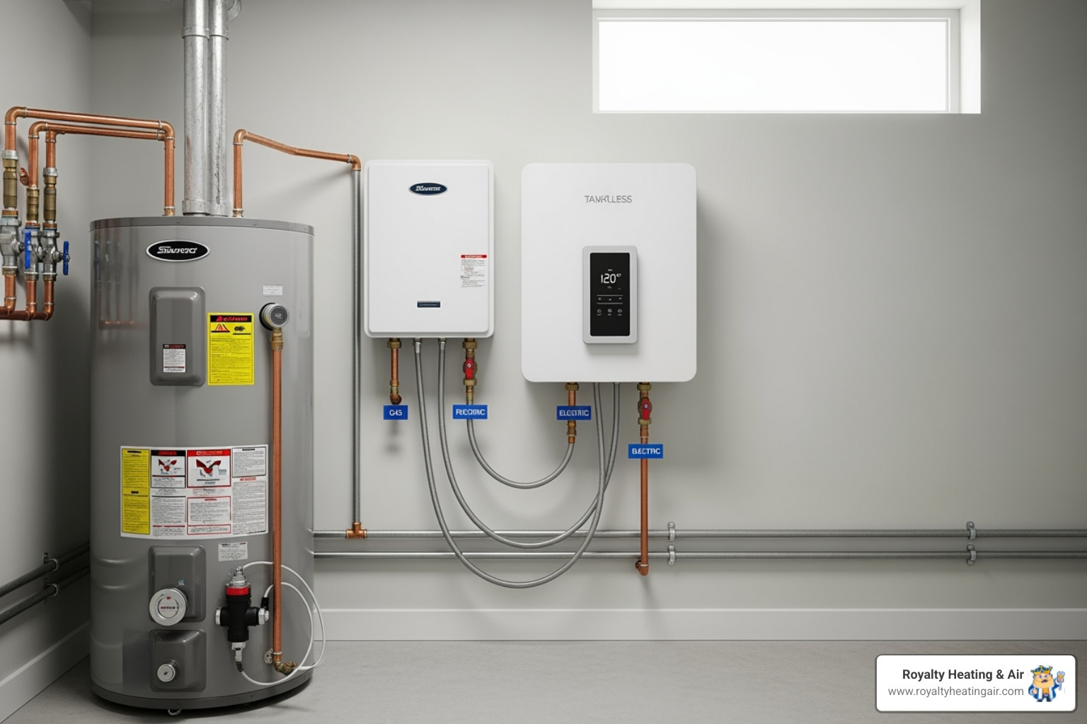 IMAGE of a modern, energy-efficient tank water heater next to a compact tankless model. - emergency water heater installation in rocklin ca