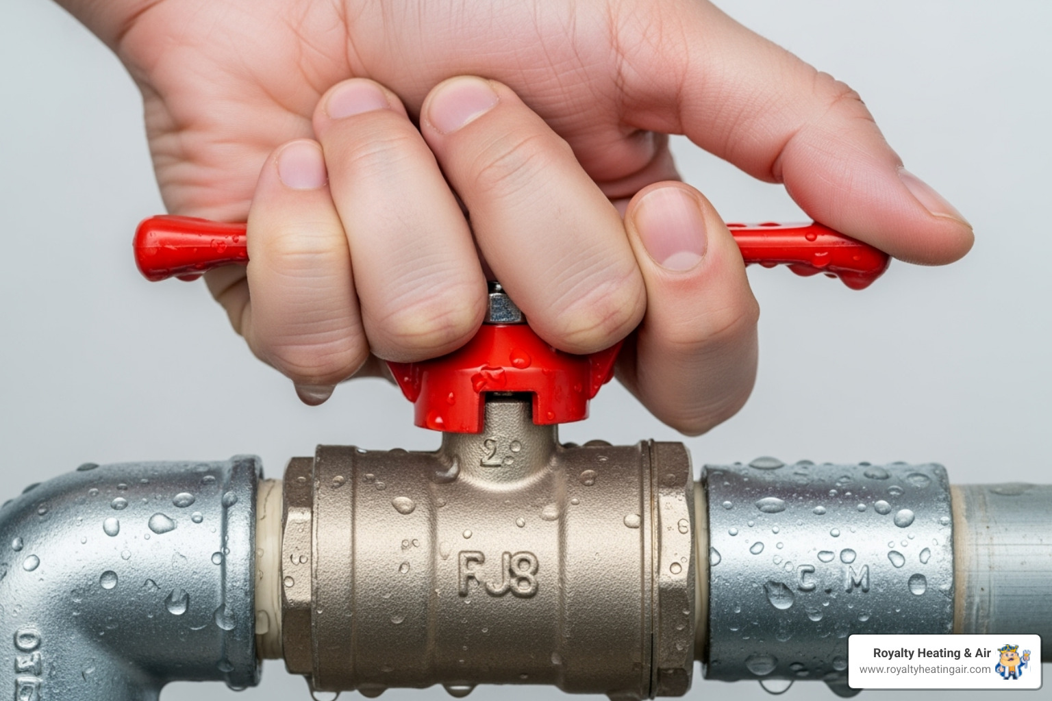 IMAGE of a hand turning a red-handled ball valve to the off position on a water pipe. - emergency water heater installation in rocklin ca