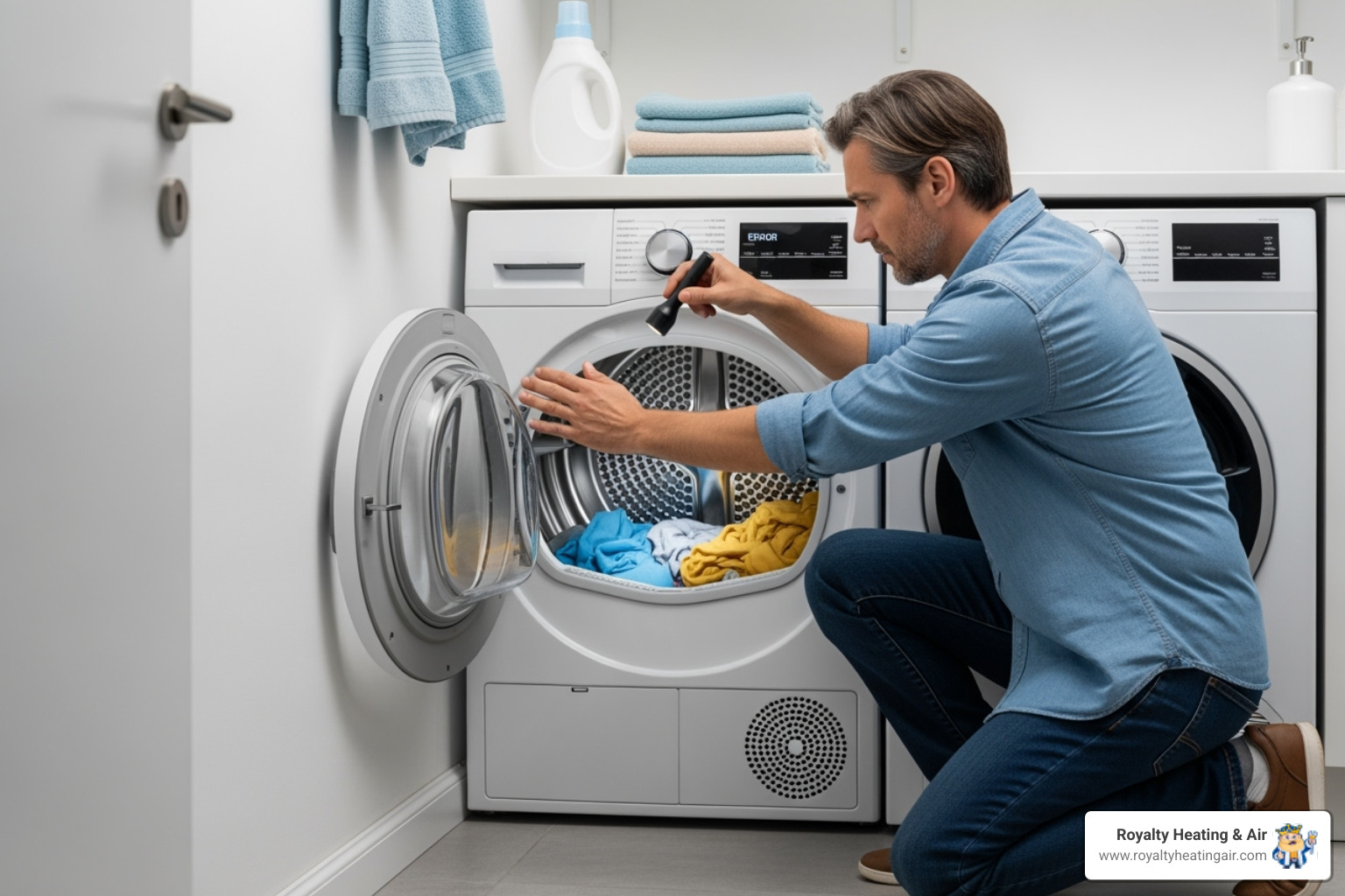 homeowner looking at a dryer with concern - dryer vent cleaning benefits