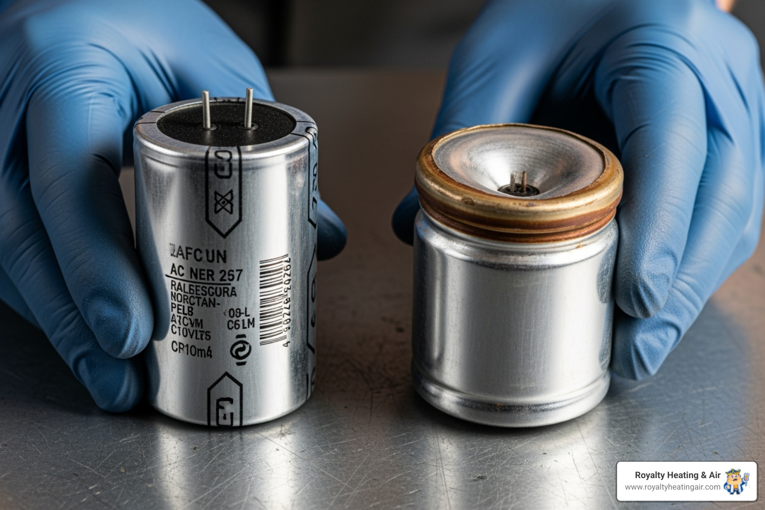 technician's hands, wearing safety gloves, holding a new capacitor next to a visibly bulging, failed capacitor - capacitor replacement service