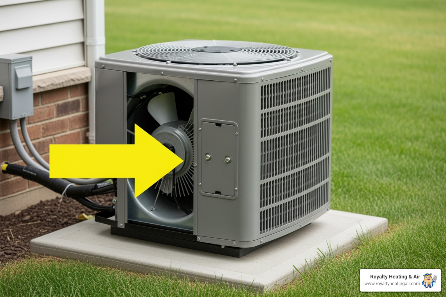 outdoor AC unit with an arrow pointing to the access panel where the capacitor is housed - capacitor replacement service