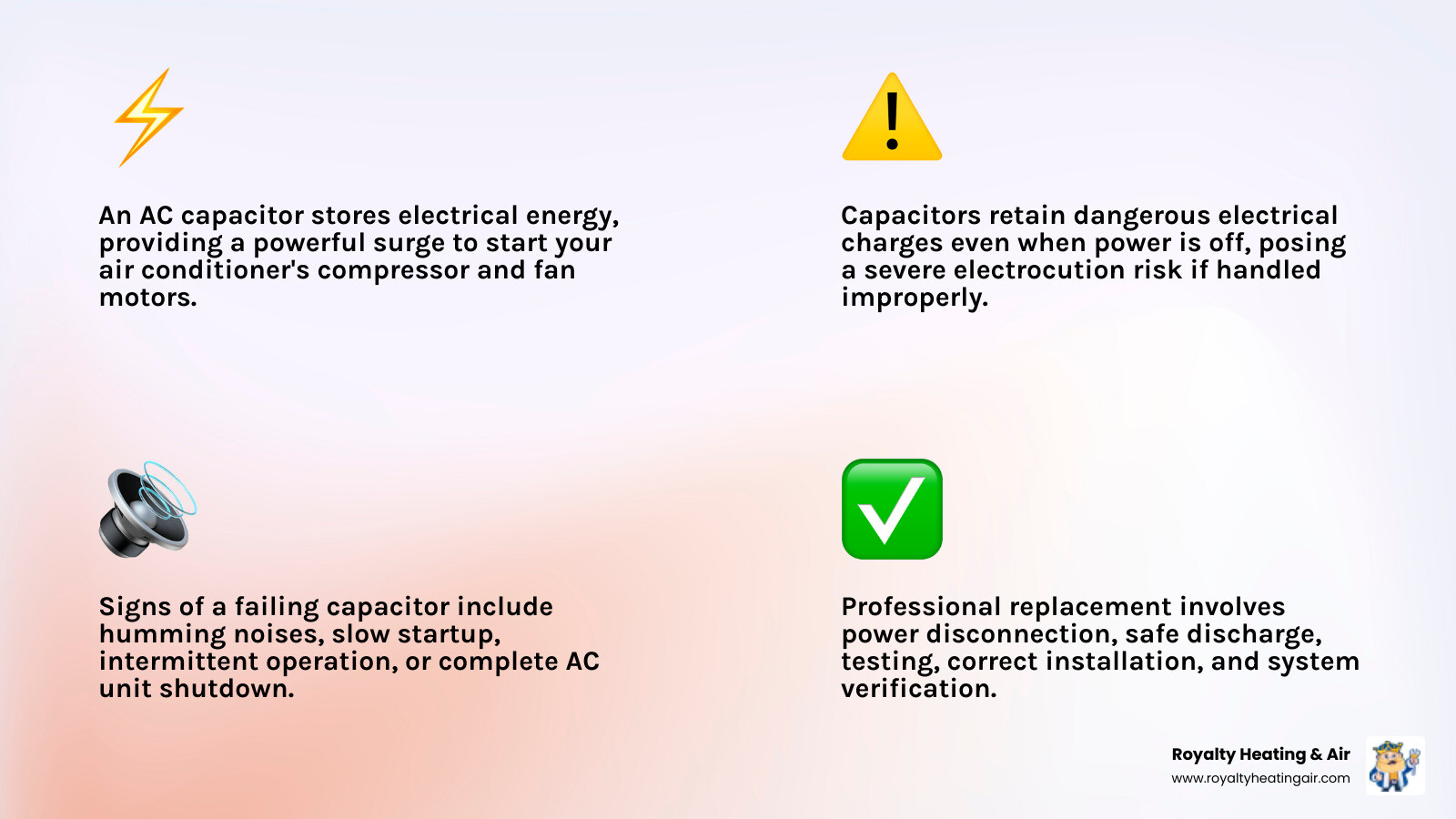 Infographic showing how an AC capacitor stores electrical energy and releases it to start the compressor motor and fan motor, with warning symbols indicating high voltage danger - capacitor replacement service infographic 4_facts_emoji_light-gradient