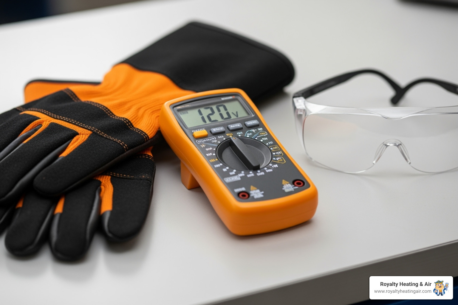 essential HVAC safety gear including insulated gloves, a multimeter, and safety glasses - capacitor replacement service
