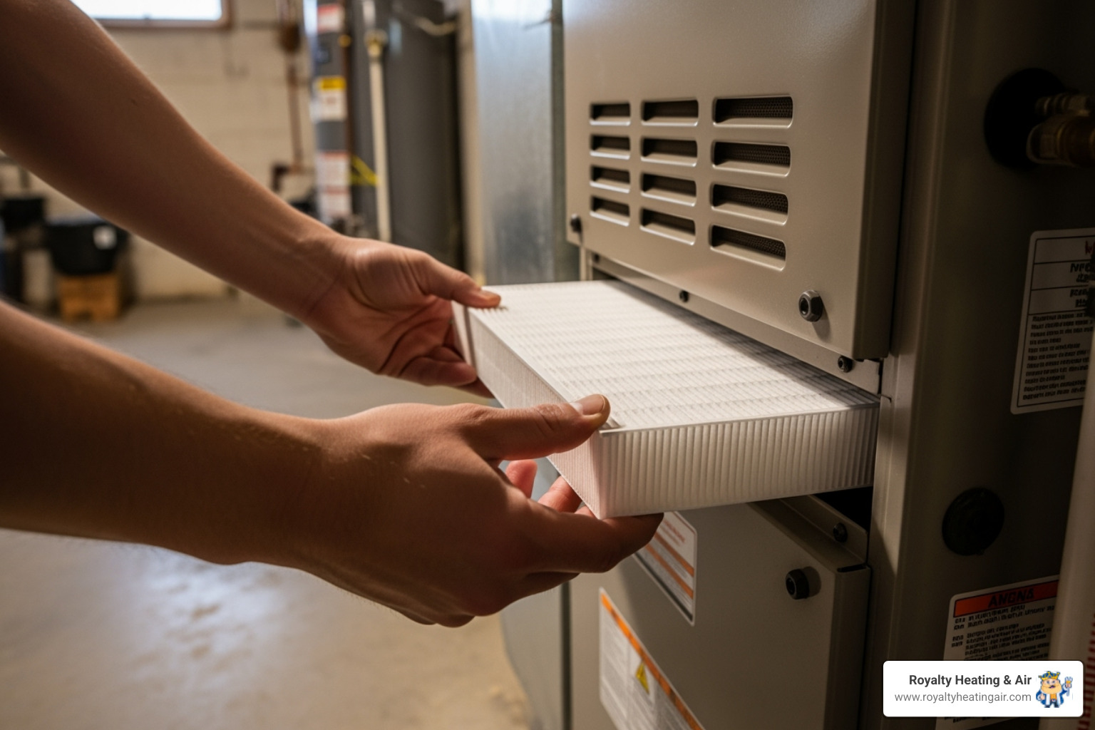 A homeowner easily sliding a new, clean air filter into a furnace - Preventative heater maintenance
