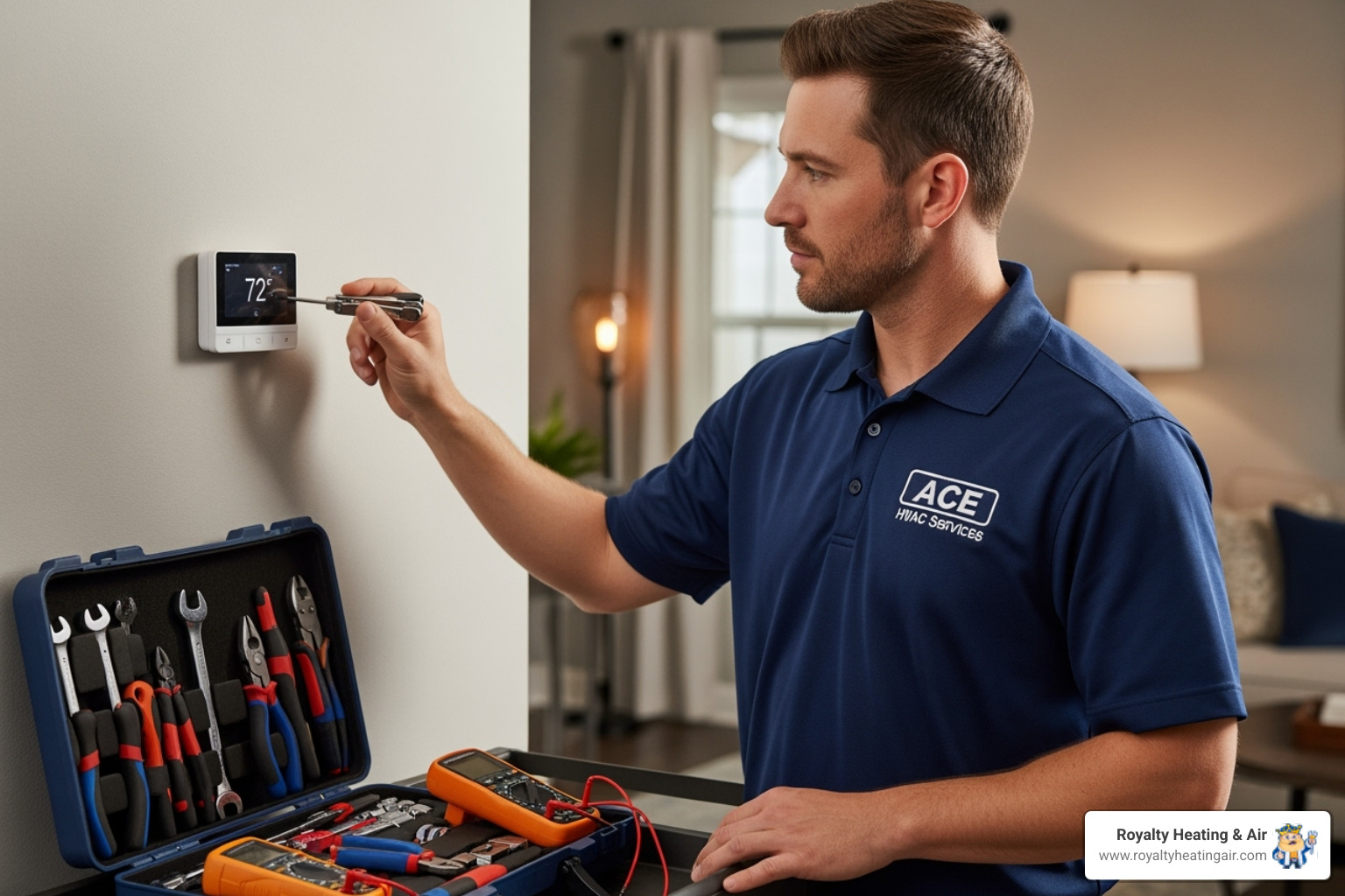 a professional HVAC technician inspecting a thermostat - thermostat not working