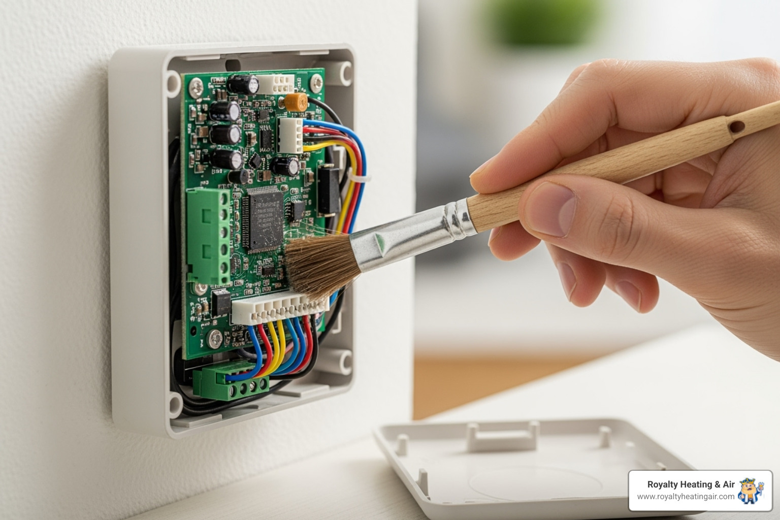 a soft brush cleaning the inside of a thermostat cover - thermostat not working