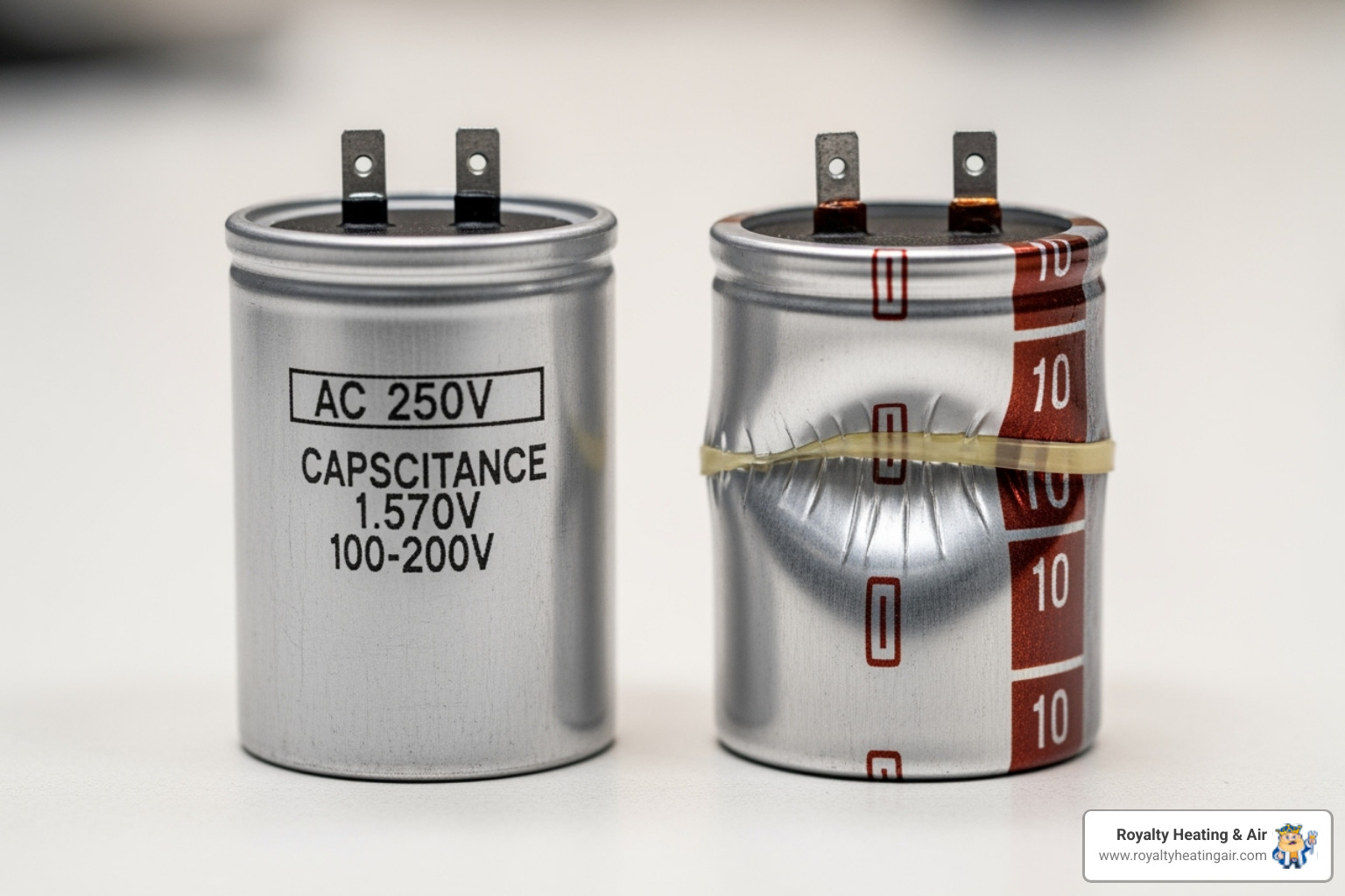 Healthy capacitor next to a visibly bulging, failed capacitor - AC capacitor replacement Healthy capacitor next to a visibly bulging, failed capacitor - AC capacitor replacement