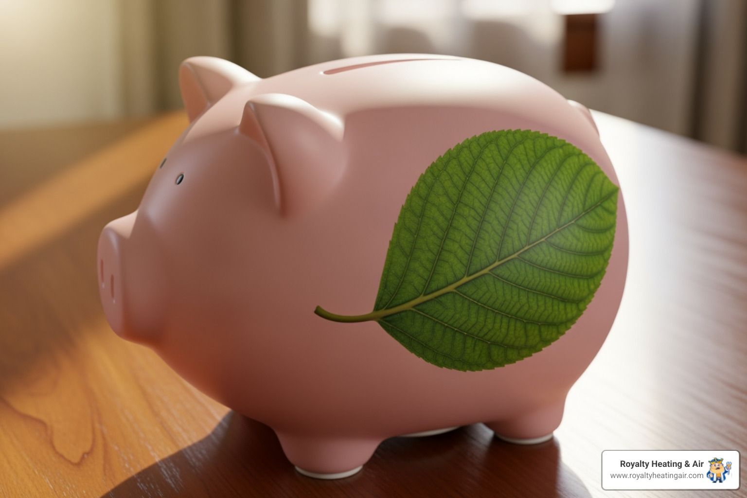 Piggy bank with a leaf symbol, representing savings from an energy-efficient AC - AC unit replacement Piggy bank with a leaf symbol, representing savings from an energy-efficient AC - AC unit replacement
