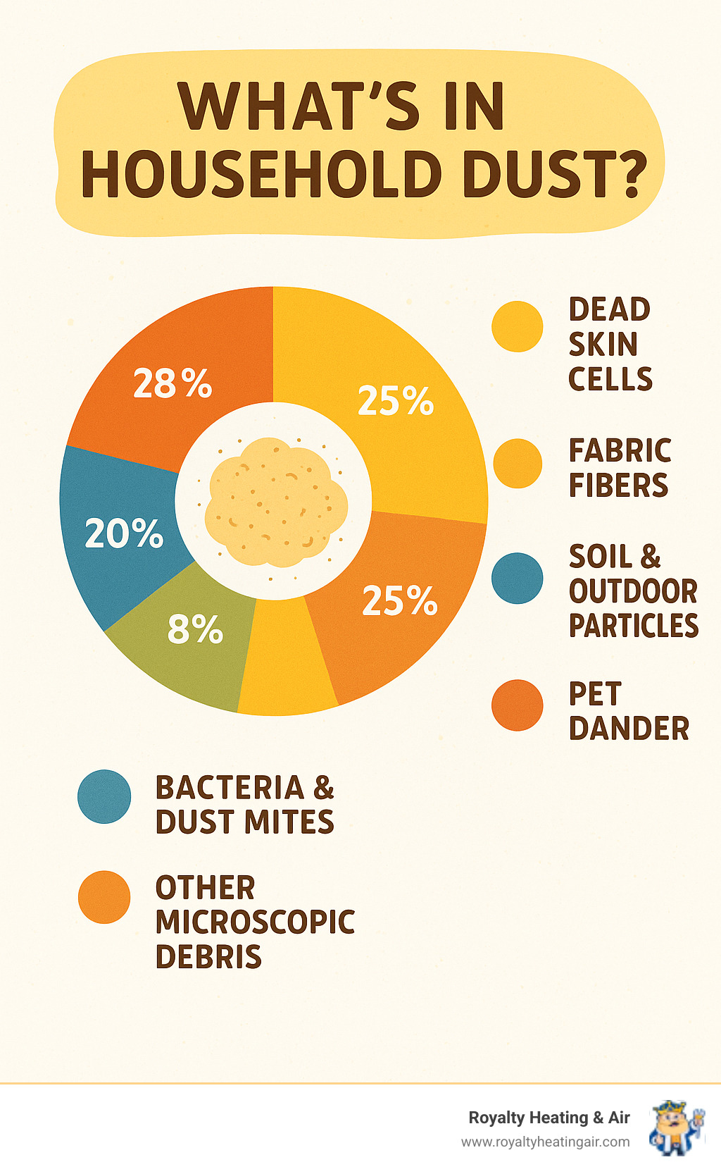 Infographic showing the composition of household dust including dead skin cells (28%), fabric fibers (25%), soil and outdoor particles (20%), pet dander (12%), pollen (8%), bacteria and dust mites (5%), and other microscopic debris (2%) - reduce home dust infographic Infographic showing the composition of household dust including dead skin cells (28%), fabric fibers (25%), soil and outdoor particles (20%), pet dander (12%), pollen (8%), bacteria and dust mites (5%), and other microscopic debris (2%) - reduce home dust infographic