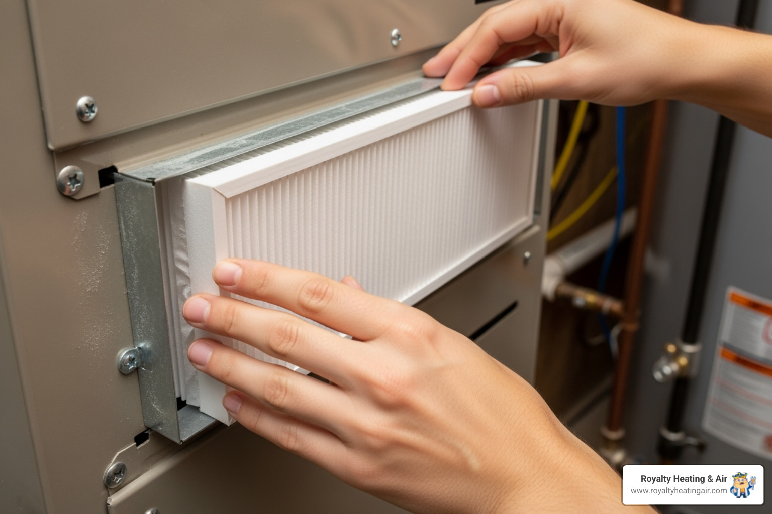 clean HVAC air filter being installed - reduce home dust clean HVAC air filter being installed - reduce home dust