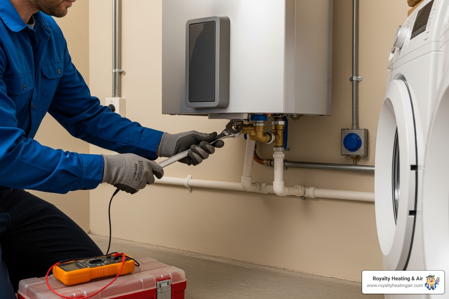 Technician performing tankless water heater maintenance - tankless water heater installation rocklin