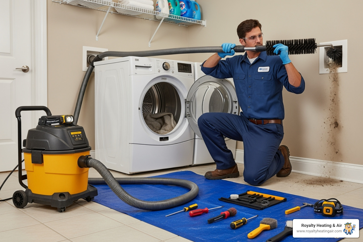 professional technician with equipment - dryer vent cleaning coupons