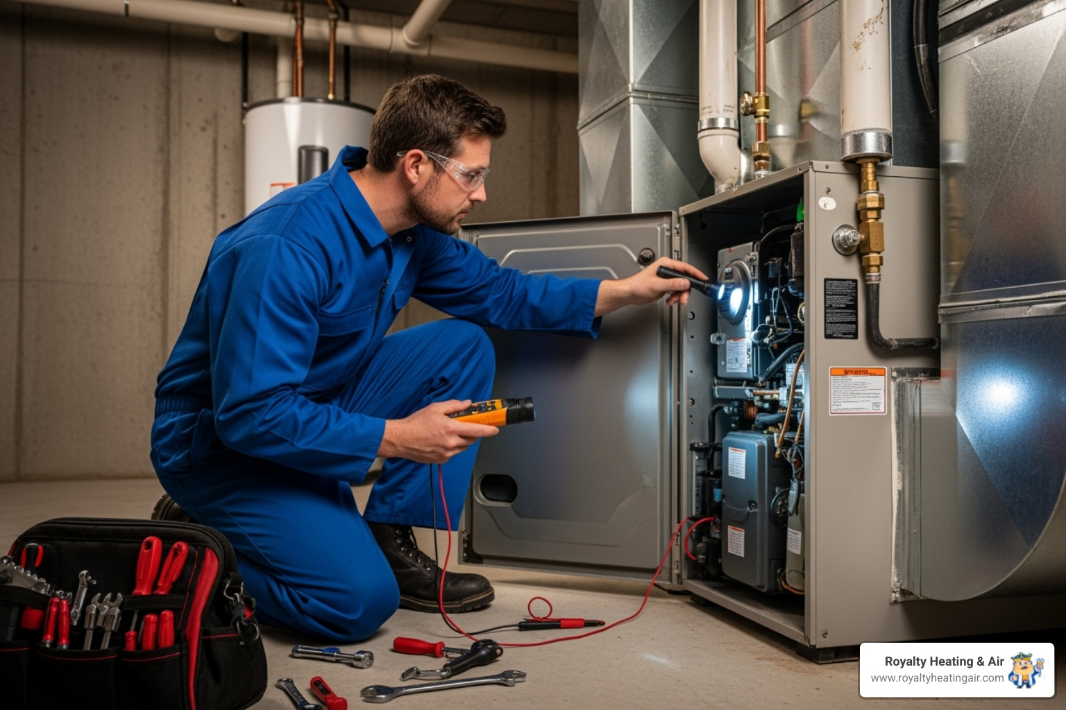 technician inspecting furnace - Annual furnace check