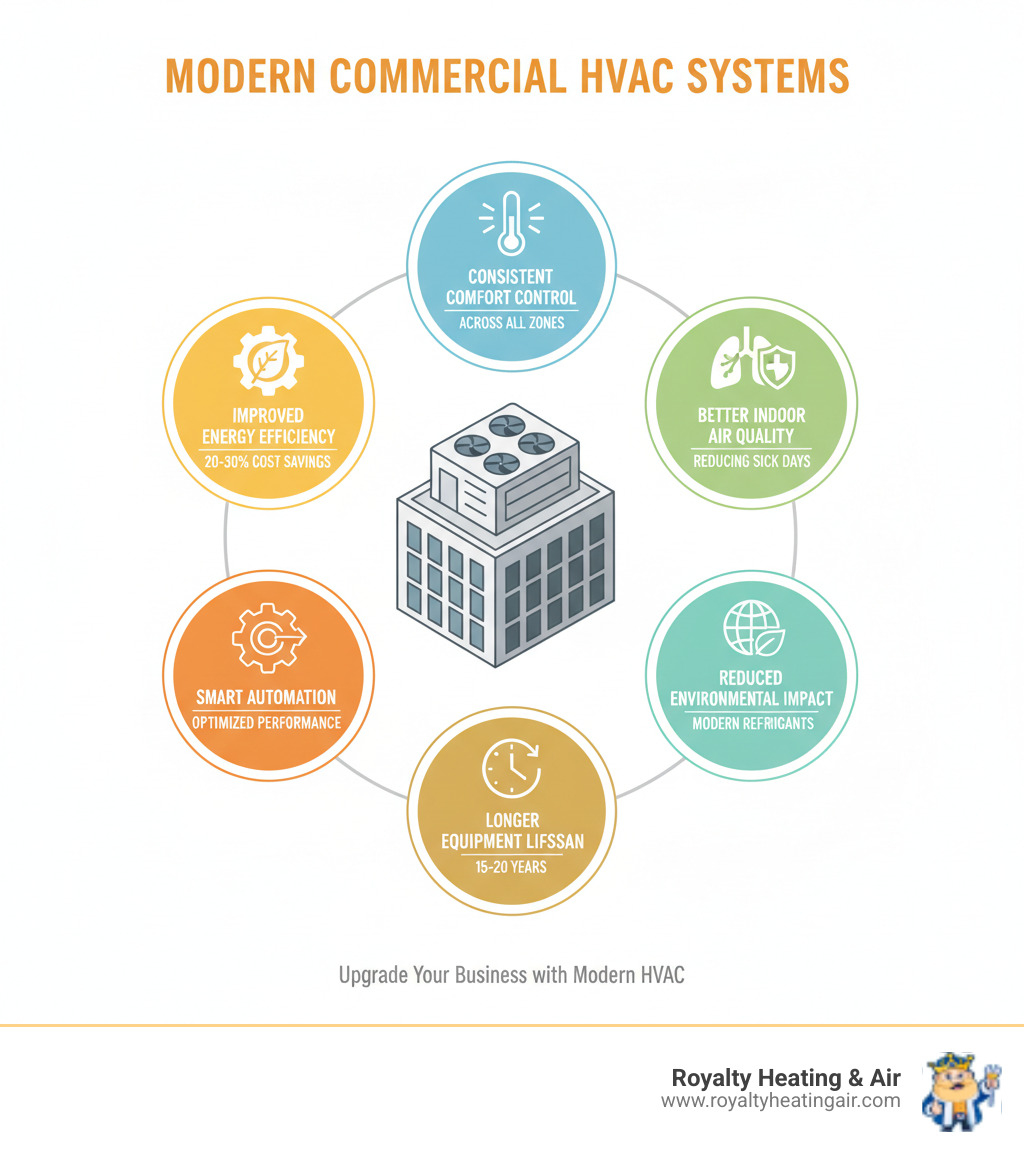 infographic showing benefits of modern commercial hvac systems including improved energy efficiency with 20-30% cost savings, consistent comfort control across all zones, better indoor air quality reducing sick days, smart automation for optimized performance, longer equipment lifespan of 15-20 years with proper maintenance, and reduced environmental impact with modern refrigerants - commercial hvac installation roseville ca infographic 