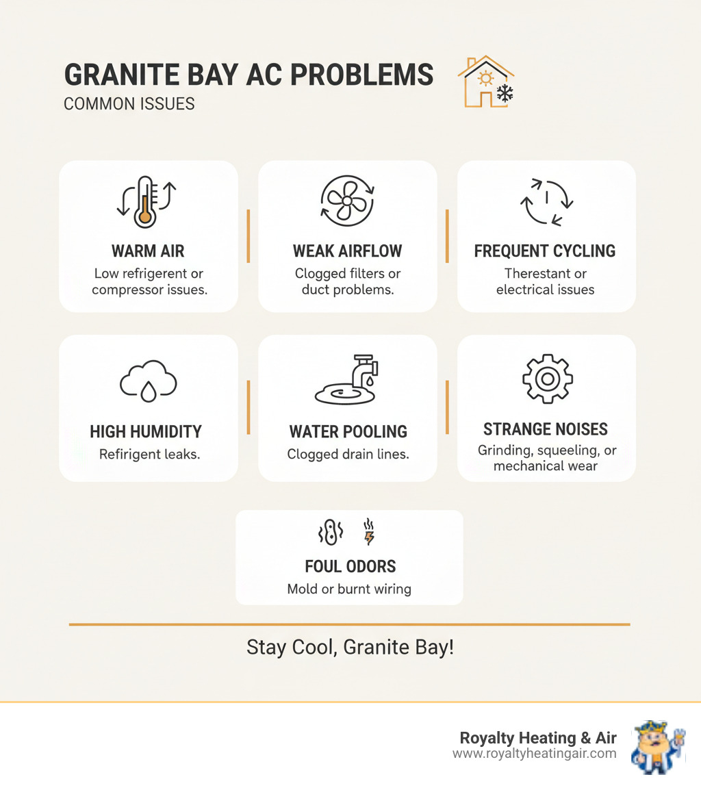 Infographic showing common AC problems in Granite Bay homes: warm air from vents indicating low refrigerant or compressor issues; weak airflow from clogged filters or duct problems; frequent on-off cycling suggesting thermostat or electrical issues; high humidity from refrigerant leaks; water pooling from clogged drain lines; grinding or squealing noises indicating mechanical wear; and foul odors from mold or burnt wiring - ac repair granite bay ca infographic 