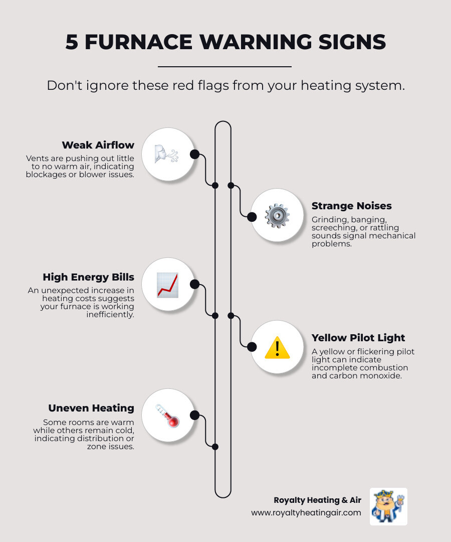 infographic showing five warning signs your furnace needs repair: weak airflow from vents, grinding or banging noises, sudden spike in energy bills, yellow or flickering pilot light, and uneven temperatures throughout the home - furnace repair roseville ca infographic infographic-line-5-steps-elegant_beige infographic showing five warning signs your furnace needs repair: weak airflow from vents, grinding or banging noises, sudden spike in energy bills, yellow or flickering pilot light, and uneven temperatures throughout the home - furnace repair roseville ca infographic infographic-line-5-steps-elegant_beige