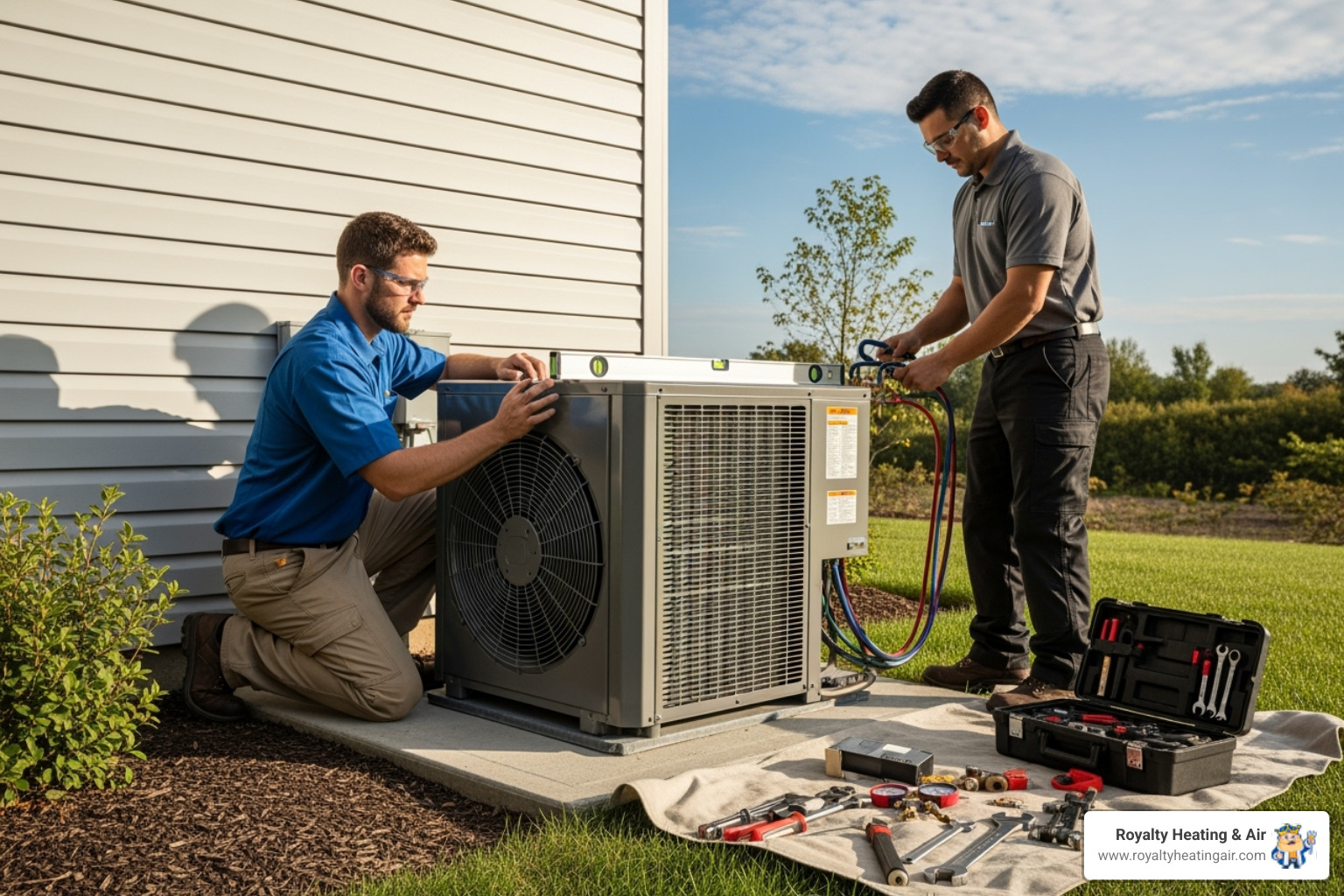 Technicians professionally installing an outdoor heat pump unit, ensuring proper leveling and connections - heat pump installation roseville ca