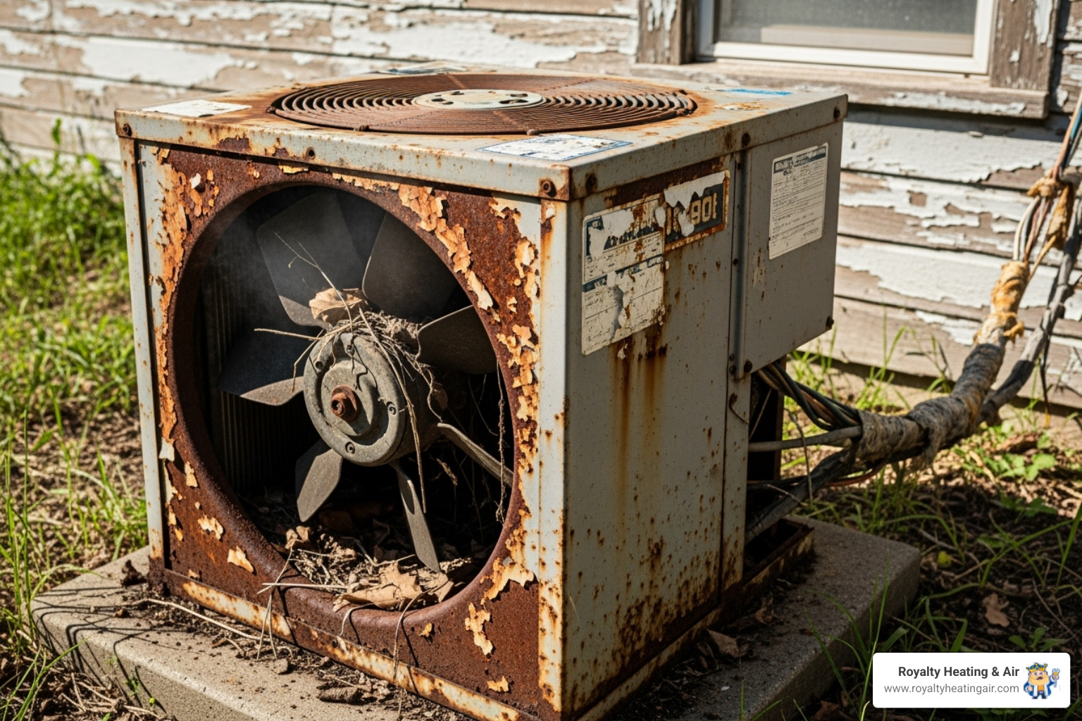 An old, corroded outdoor AC unit, looking weathered and inefficient - heat pump installation roseville ca
