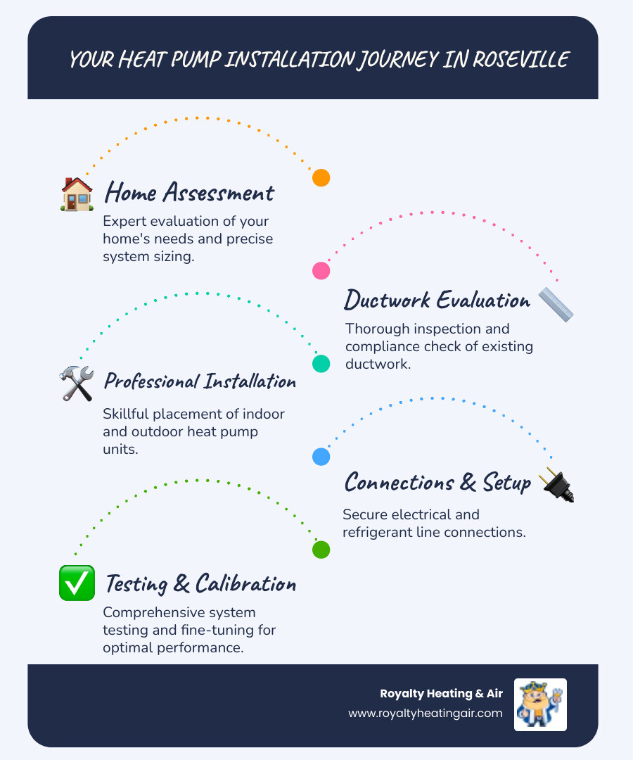 Infographic showing heat pump installation process in Roseville CA: Step 1 - Home assessment and system sizing, Step 2 - Ductwork evaluation and compliance check, Step 3 - Professional installation with indoor and outdoor units, Step 4 - Electrical and refrigerant connections, Step 5 - System testing and calibration. Includes available rebates ($600 electric-to-electric, $1000 gas-to-electric), minimum efficiency requirements (16 SEER/8.2 HSPF), and expected lifespan (up to 25 years). - heat pump installation roseville ca infographic infographic-line-5-steps-blues-accent_colors