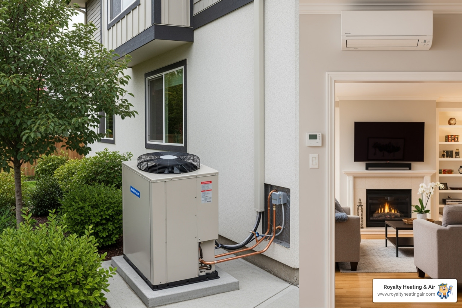 Components of a standard split air-source heat pump system, showing indoor air handler and outdoor condenser unit - heat pump installation roseville ca