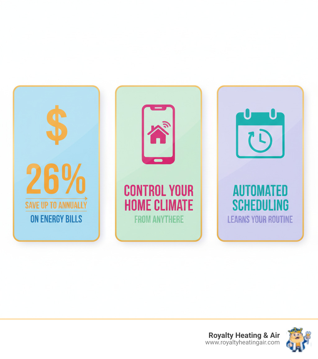 Infographic showing three core benefits of smart thermostats: a dollar sign with "Save up to 26% on energy bills annually", a smartphone icon with "Control your home climate from anywhere", and a calendar icon with "Automated scheduling learns your routine" - smart thermostat setup granite bay ca infographic 
