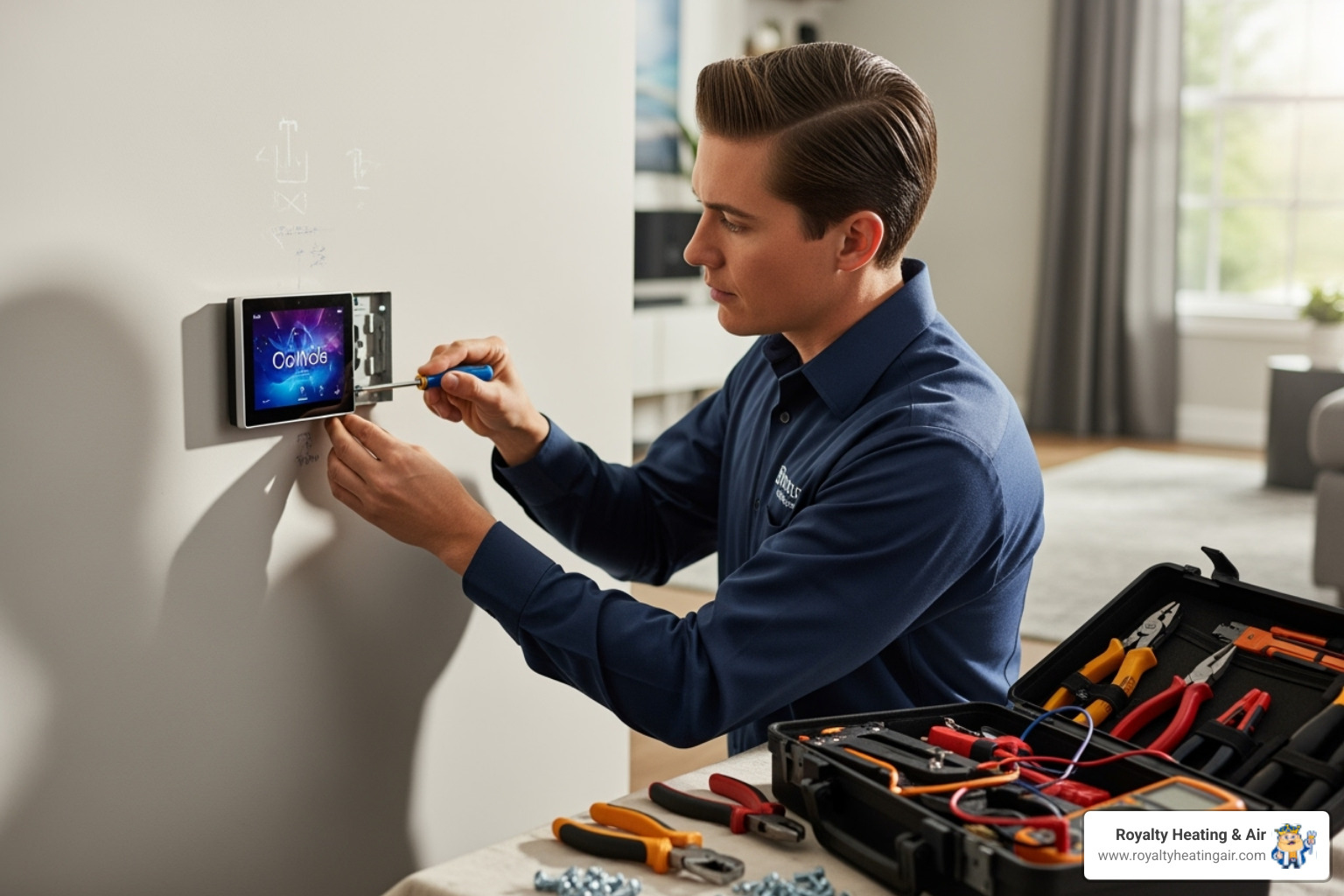 technician installing smart thermostat - smart thermostat setup granite bay ca