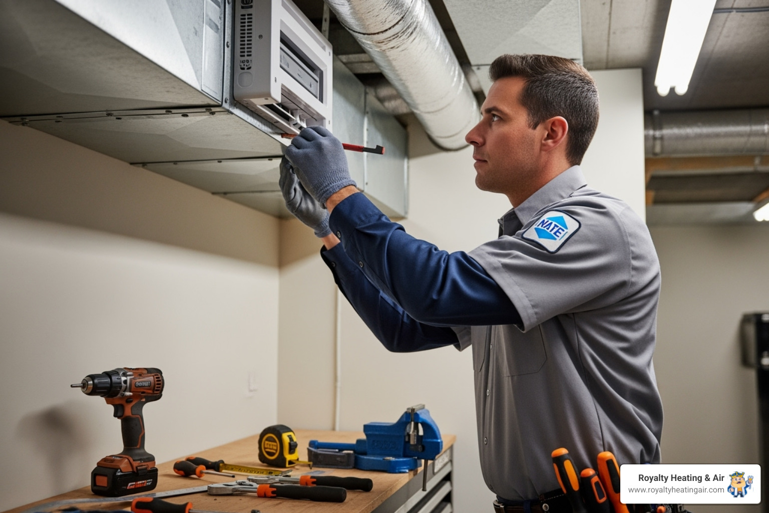 NATE-certified technician professionally installing a unit into ductwork - air purifier installation lincoln ca
