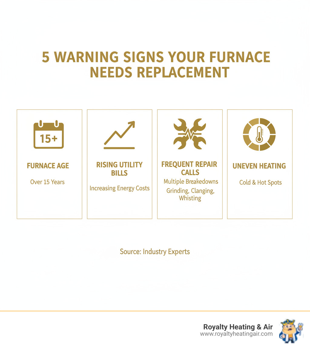Comprehensive infographic showing the top 5 warning signs your furnace needs replacement: furnace age over 15 years with calendar icon, rising utility bills with upward trending graph, frequent repair calls with wrench icons, strange noises with sound wave symbols, and uneven heating throughout home with temperature zones - home furnace installation infographic  Comprehensive infographic showing the top 5 warning signs your furnace needs replacement: furnace age over 15 years with calendar icon, rising utility bills with upward trending graph, frequent repair calls with wrench icons, strange noises with sound wave symbols, and uneven heating throughout home with temperature zones - home furnace installation infographic