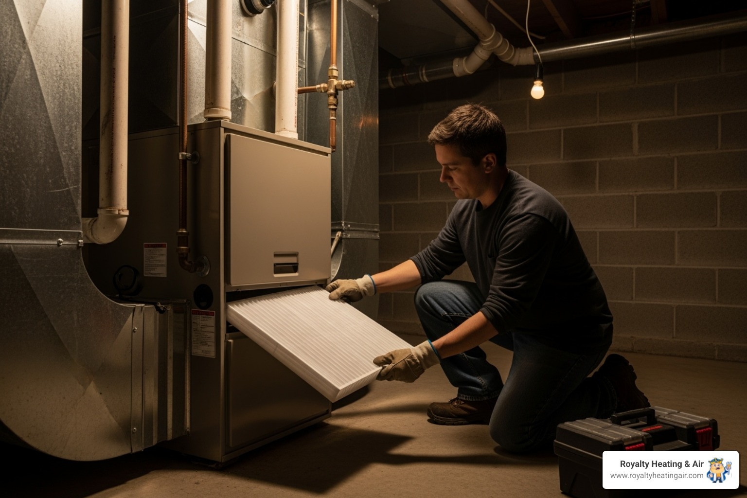 Homeowner changing a furnace filter - home furnace installation Homeowner changing a furnace filter - home furnace installation