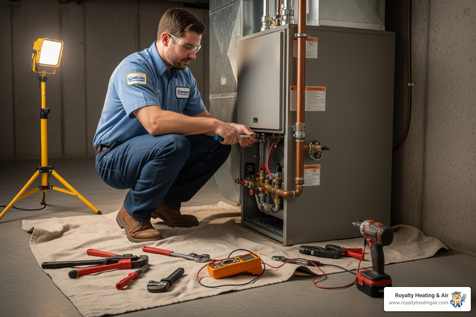 Certified technician using tools to work on a new furnace installation - home furnace installation Certified technician using tools to work on a new furnace installation - home furnace installation