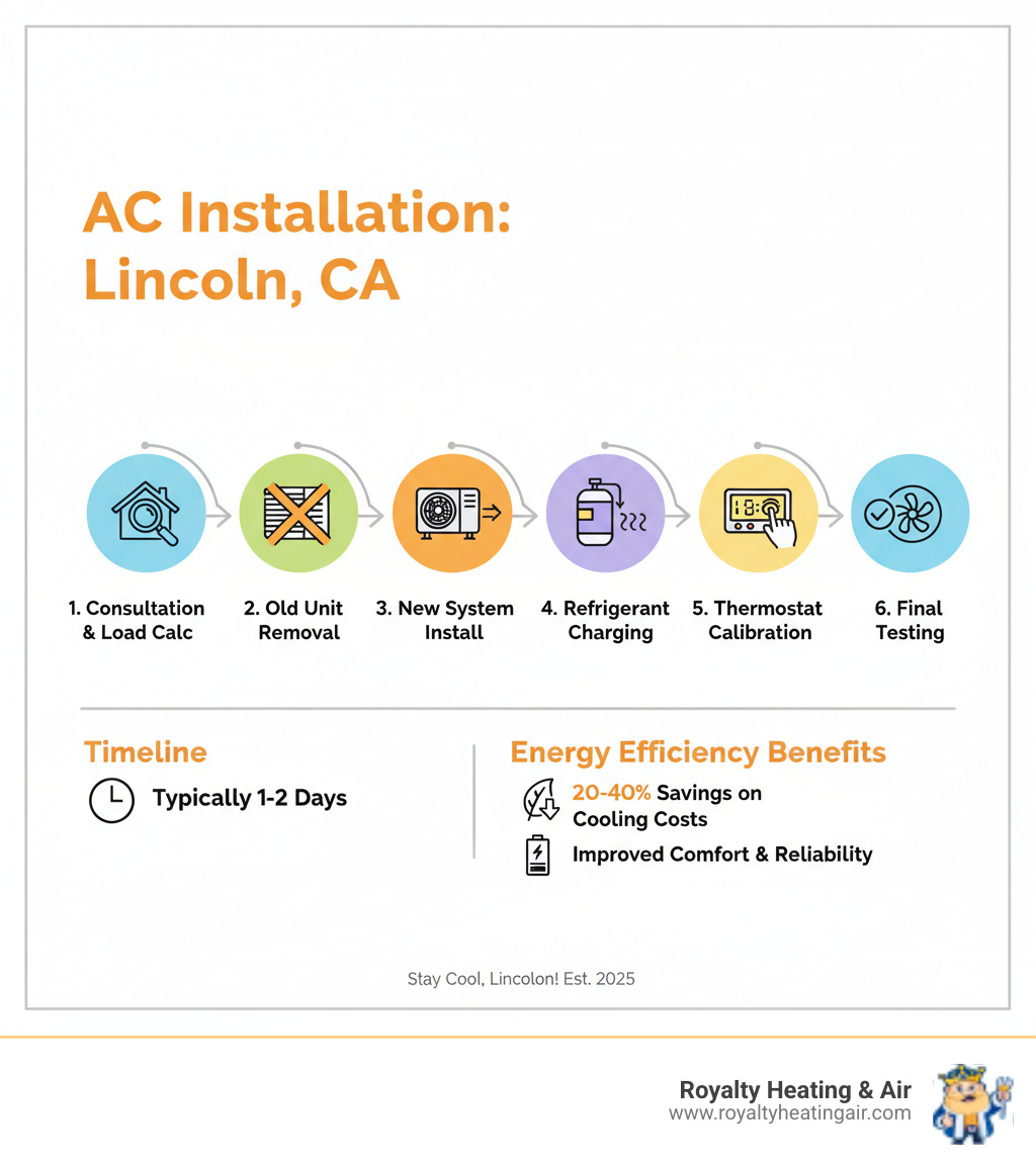 infographic showing the complete AC installation process in Lincoln CA including consultation load calculation old unit removal new system installation refrigerant charging thermostat calibration and final testing with timeline and energy efficiency benefits - ac installation lincoln ca infographic  infographic showing the complete AC installation process in Lincoln CA including consultation load calculation old unit removal new system installation refrigerant charging thermostat calibration and final testing with timeline and energy efficiency benefits - ac installation lincoln ca infographic