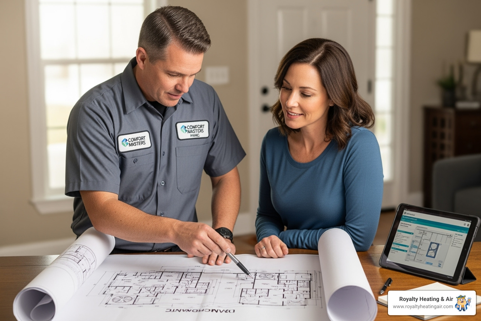 HVAC technician consulting with a homeowner, pointing to a blueprint - hvac system upgrades granite bay ca HVAC technician consulting with a homeowner, pointing to a blueprint - hvac system upgrades granite bay ca