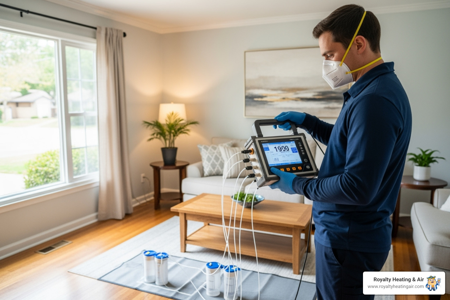 A Royalty Heating & Air technician wearing a mask and gloves, holding a specialized air sampling device in a Roseville home living room. The device has tubes extending to collect air samples, and the technician is carefully monitoring its display. - indoor air quality testing roseville ca