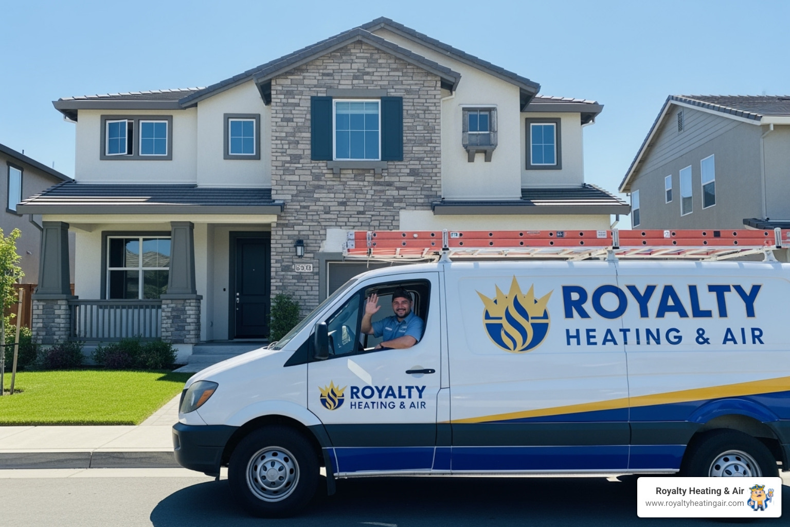 Royalty Heating & Air branded service van parked in front of a modern Roseville home with a friendly technician waving from the driver's side. - indoor air quality testing roseville ca