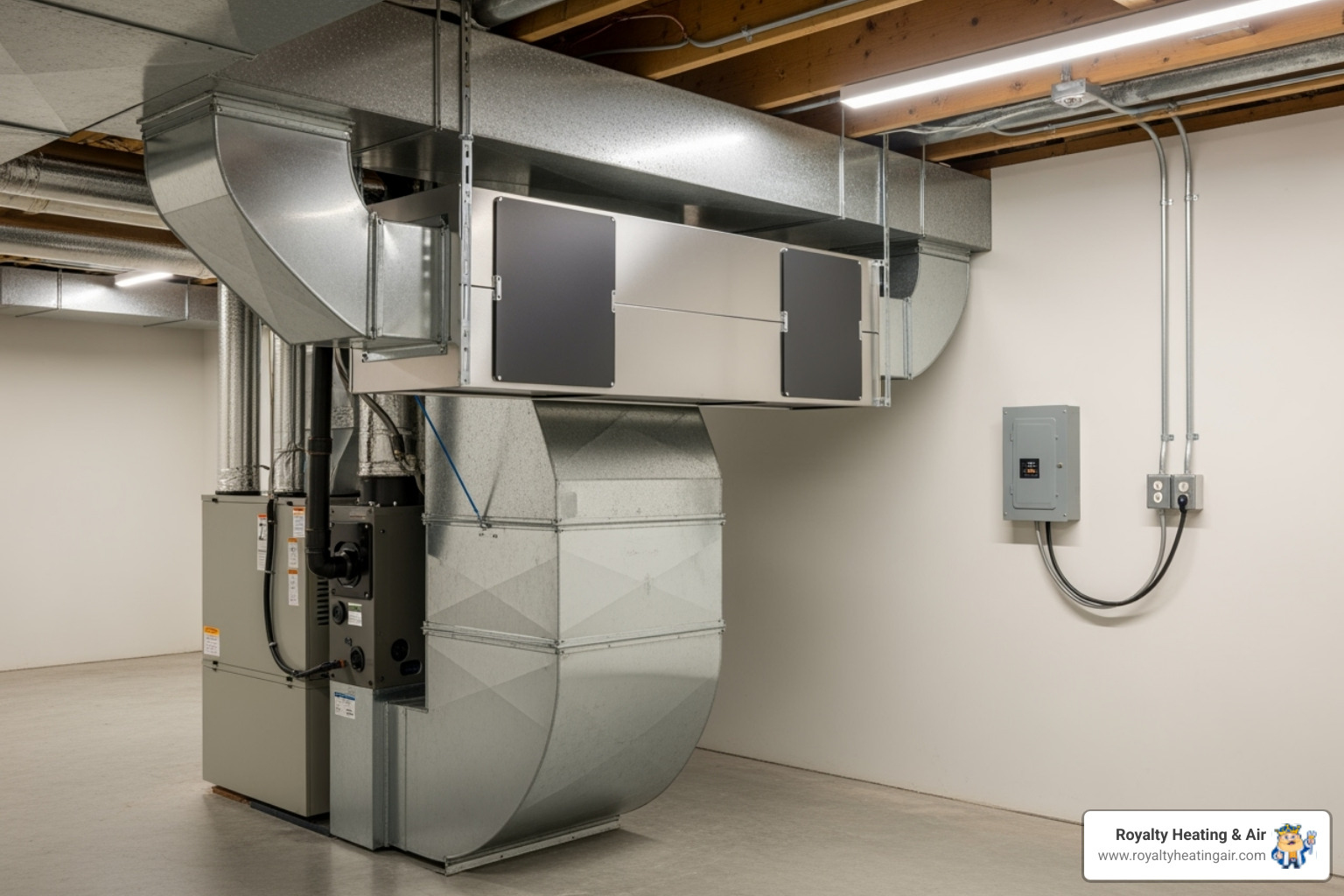A sleek, modern whole-house air purifier unit seamlessly integrated into an HVAC ductwork system in a residential basement. The unit is connected to the main air handler, indicating comprehensive home air treatment. - indoor air quality testing roseville ca