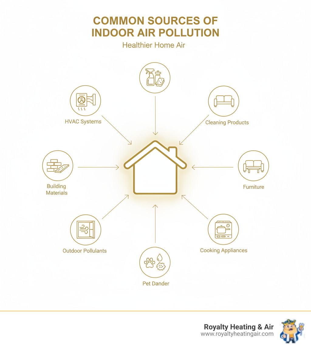Infographic showing common sources of indoor air pollution including HVAC systems, cleaning products, furniture, cooking appliances, mold growth areas, pet dander, outdoor pollutants entering through windows, and building materials, with arrows pointing to a central home illustration - indoor air quality testing roseville ca infographic 