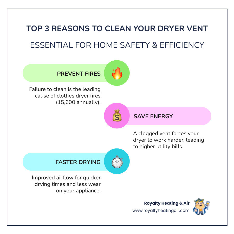 Infographic showing the top 3 reasons to clean your dryer vent: fire prevention with flame icon, energy savings with dollar sign, and faster drying times with clock icon - clean dryer vents infographic infographic-line-3-steps-colors Infographic showing the top 3 reasons to clean your dryer vent: fire prevention with flame icon, energy savings with dollar sign, and faster drying times with clock icon - clean dryer vents infographic infographic-line-3-steps-colors