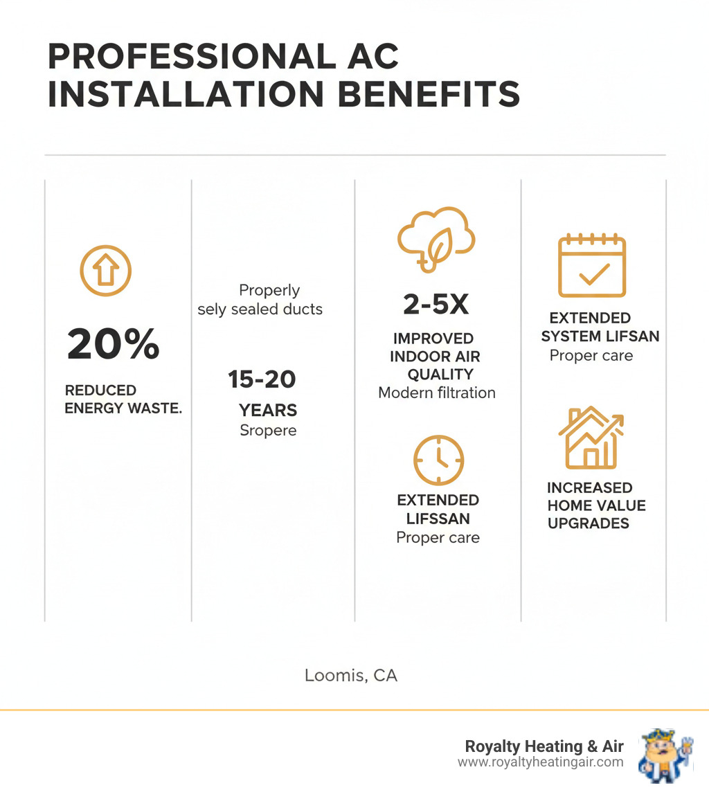 Infographic showing the key benefits of professional AC installation: 20% reduction in energy waste from properly sealed ducts, 2-5x improvement in indoor air quality with modern filtration, 15-20 year expected lifespan with proper installation and maintenance, and increased home value from energy-efficient upgrades - ac installation loomis ca infographic Infographic showing the key benefits of professional AC installation: 20% reduction in energy waste from properly sealed ducts, 2-5x improvement in indoor air quality with modern filtration, 15-20 year expected lifespan with proper installation and maintenance, and increased home value from energy-efficient upgrades - ac installation loomis ca infographic