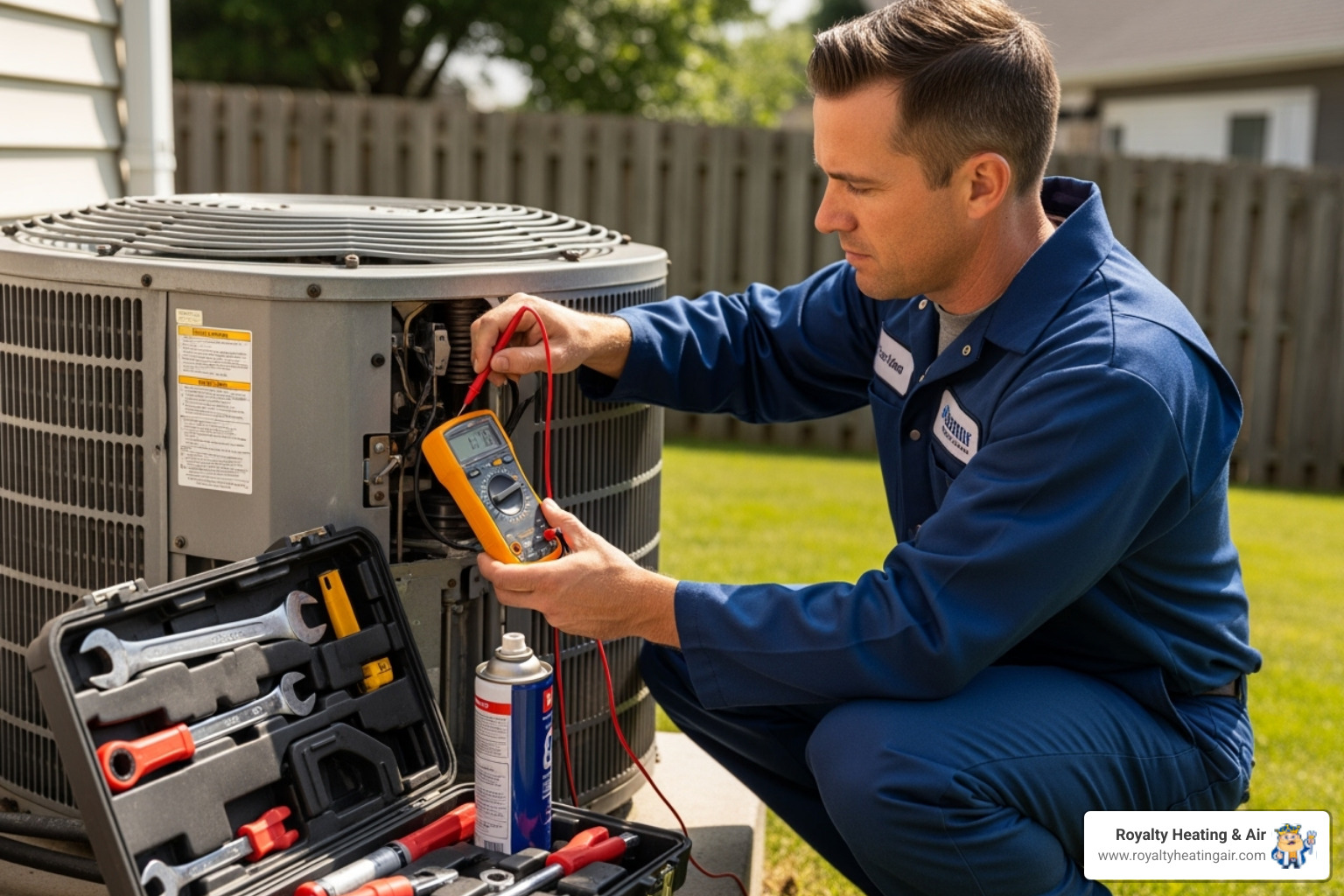 Technician performing a tune-up on an outdoor AC unit - ac repair loomis ca Technician performing a tune-up on an outdoor AC unit - ac repair loomis ca