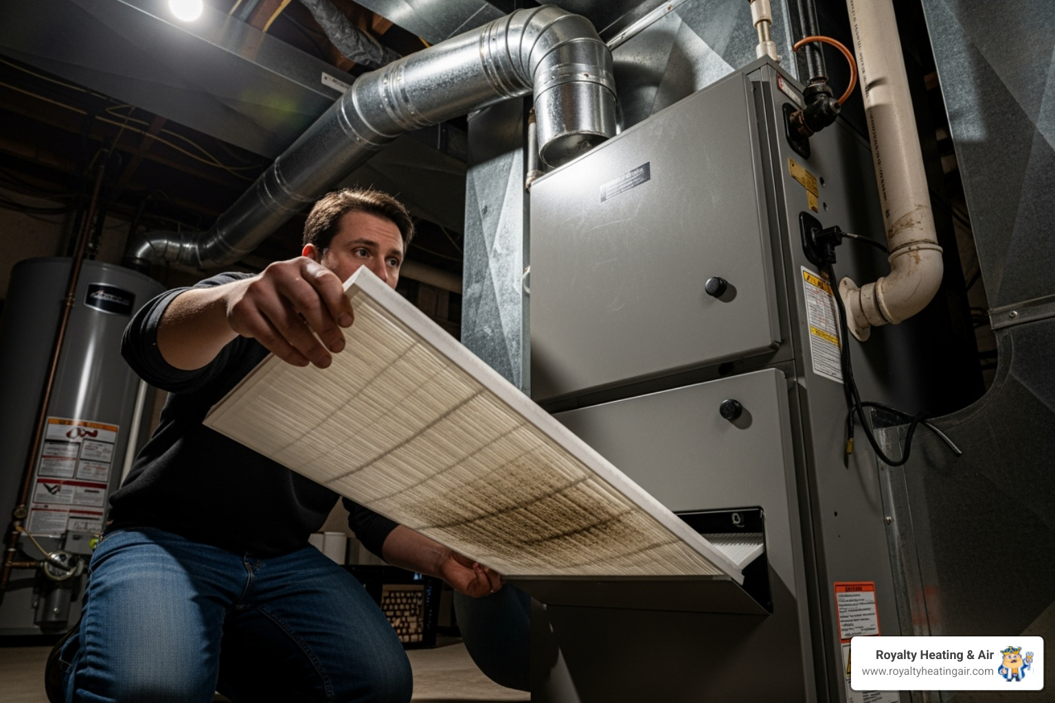 A homeowner changing a furnace air filter - heating system check A homeowner changing a furnace air filter - heating system check