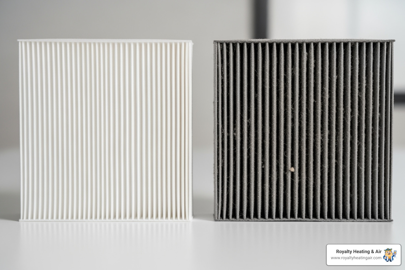 A clean air filter next to a dirty, clogged one - heating system check A clean air filter next to a dirty, clogged one - heating system check