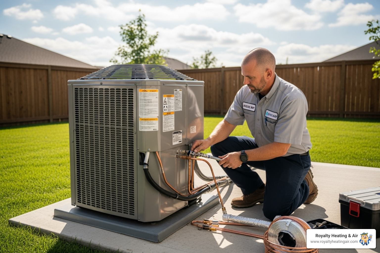 of a professional technician installing a new, clean outdoor condenser unit. - ac installation rocklin ca of a professional technician installing a new, clean outdoor condenser unit. - ac installation rocklin ca