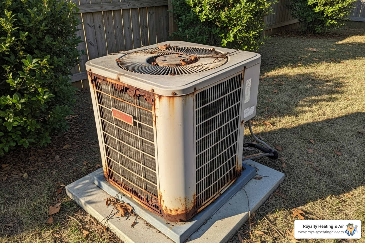 of an old, weathered outdoor AC unit with some rust. - ac installation rocklin ca of an old, weathered outdoor AC unit with some rust. - ac installation rocklin ca