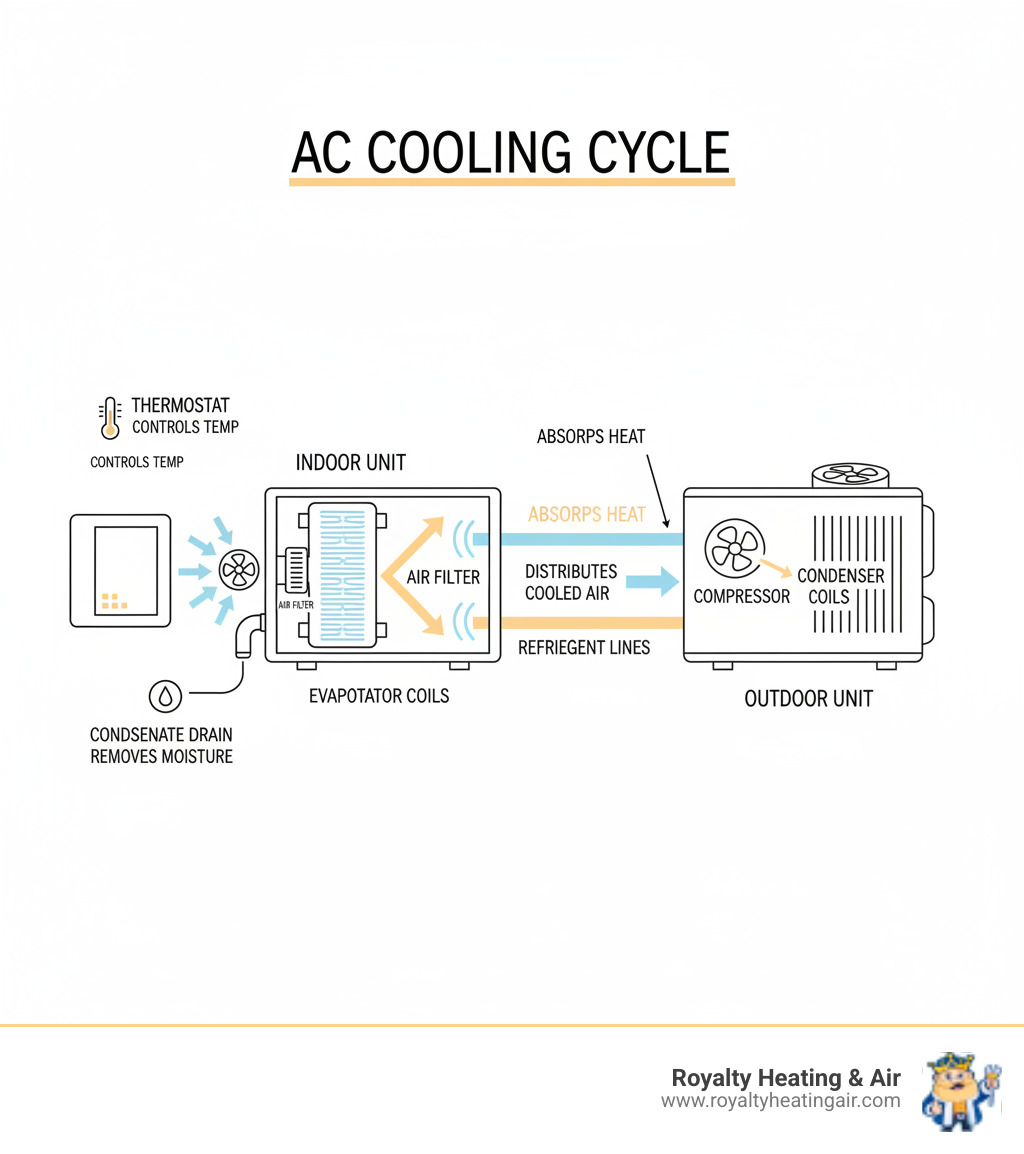Infographic showing the air conditioning cooling cycle: outdoor unit compressor pumps refrigerant through system, indoor evaporator coil absorbs heat from home air, blower fan distributes cooled air through ducts, condensate drain removes moisture, thermostat controls temperature; includes labels for key components like compressor, condenser coils, evaporator coils, air filter, and refrigerant lines - ac repair rocklin ca infographic 