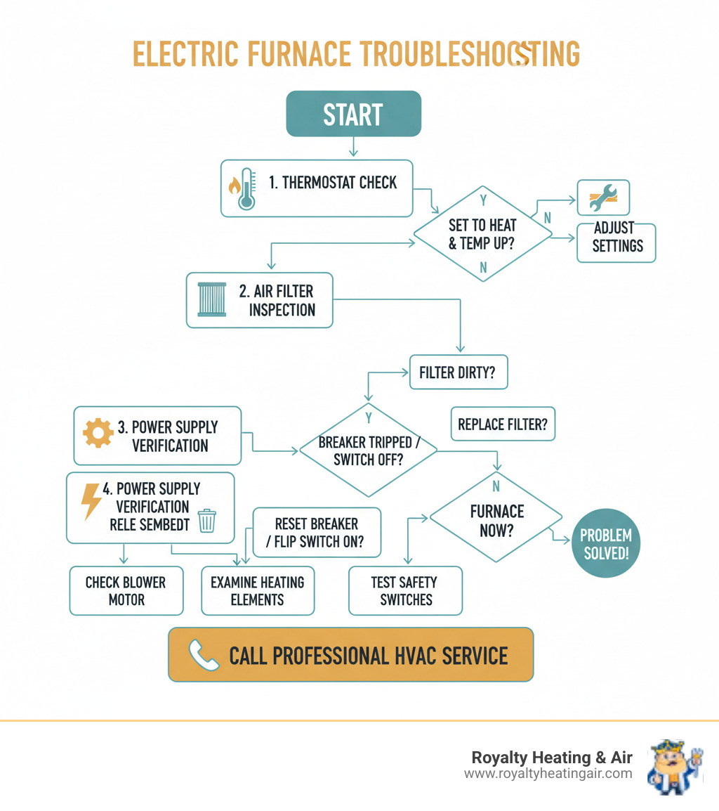 Comprehensive electric furnace troubleshooting flowchart showing step-by-step diagnostic process from thermostat check through power supply verification, air filter inspection, component testing, and decision points for calling professional service - Electric furnace troubleshooting infographic 