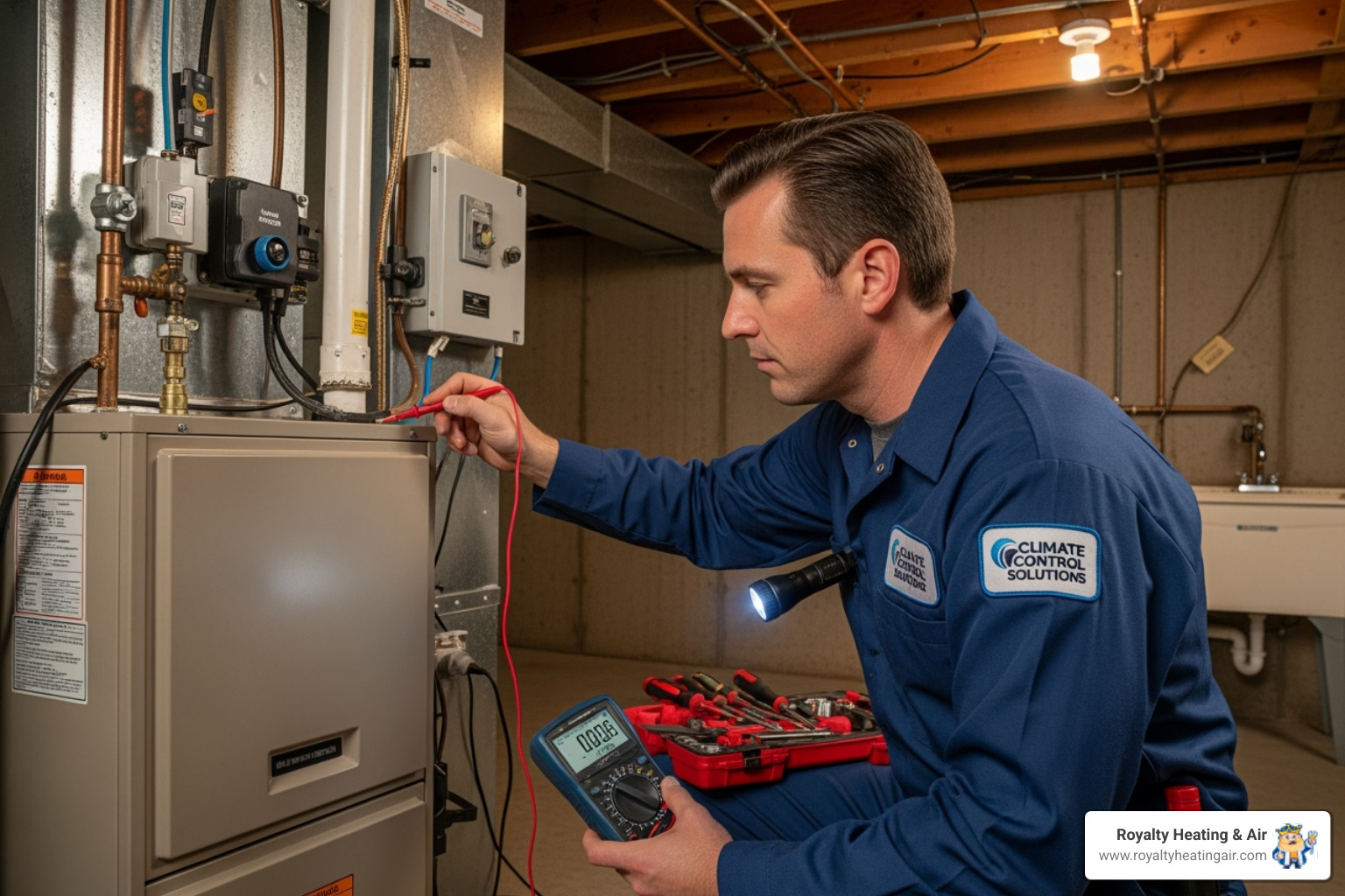 Professional HVAC technician inspecting a furnace - Electric furnace troubleshooting